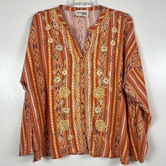 Savannah Jane Floral Embroidered Top 2X Orange Boho Peasant Art To Wear Blouse - Picture 8 of 8